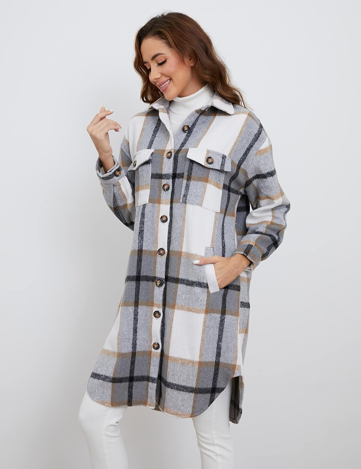 Women's Plaid Shacket Brushed Flannel Shirt Jacket Mid Long Wool Blend Tartan Coat