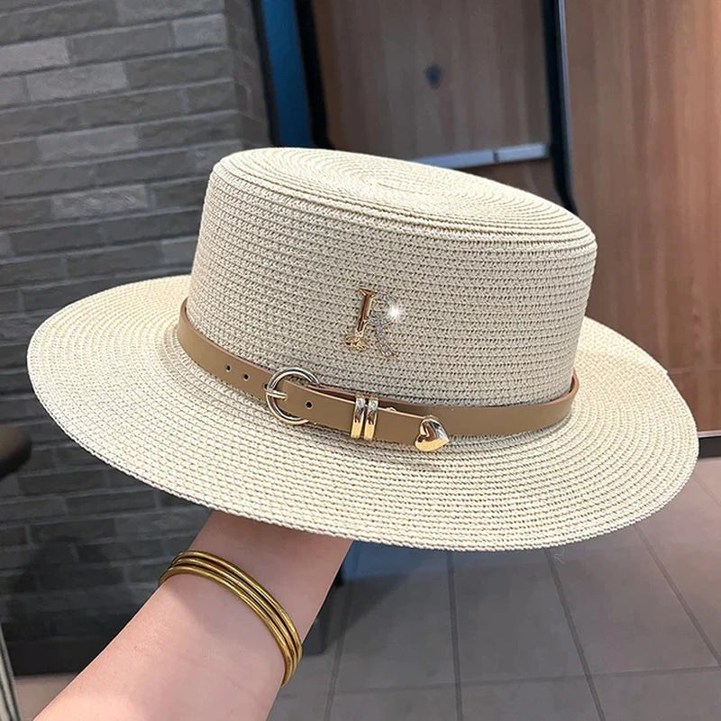 Summer Hat Flat Top Straw Hats for Women Fashionable Beach Sun Hat Females Travel Holidays Boater Hat