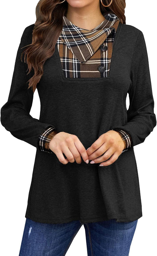 Women'S Fall Long Sleeve Cowl Neck Button Tunic Tops Lightweight Sweatshirts