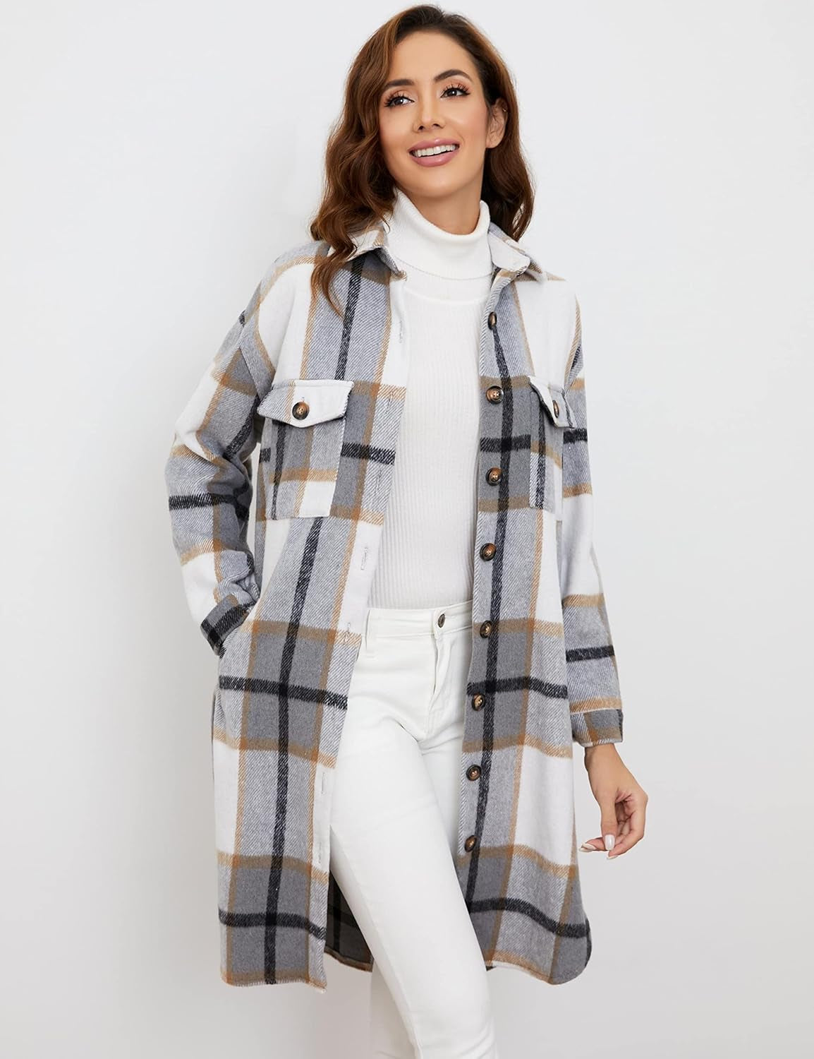 Women's Plaid Shacket Brushed Flannel Shirt Jacket Mid Long Wool Blend Tartan Coat