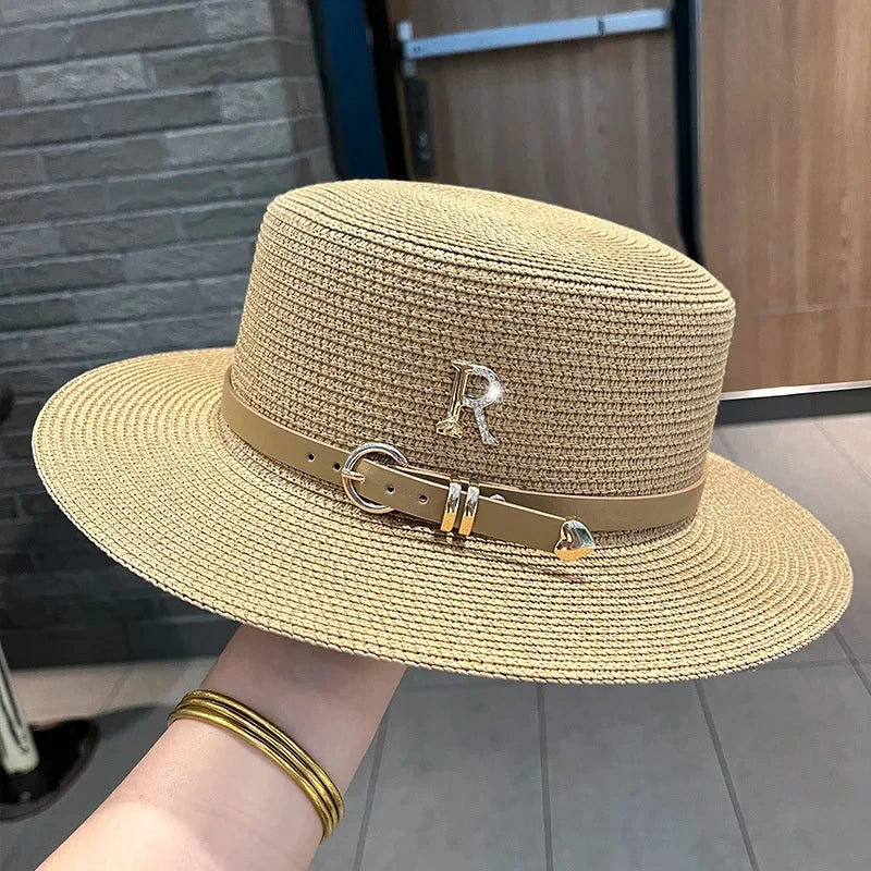 Summer Hat Flat Top Straw Hats for Women Fashionable Beach Sun Hat Females Travel Holidays Boater Hat