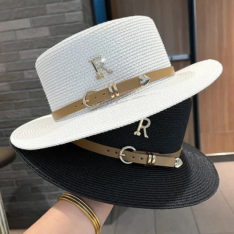 Summer Hat Flat Top Straw Hats for Women Fashionable Beach Sun Hat Females Travel Holidays Boater Hat