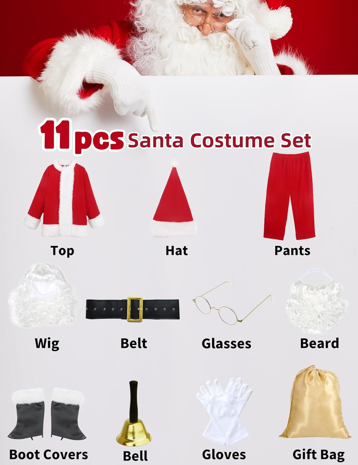 Men'S Deluxe Santa Suit 11Pc. Christmas Ultra Velvet Adult Santa Claus Costume