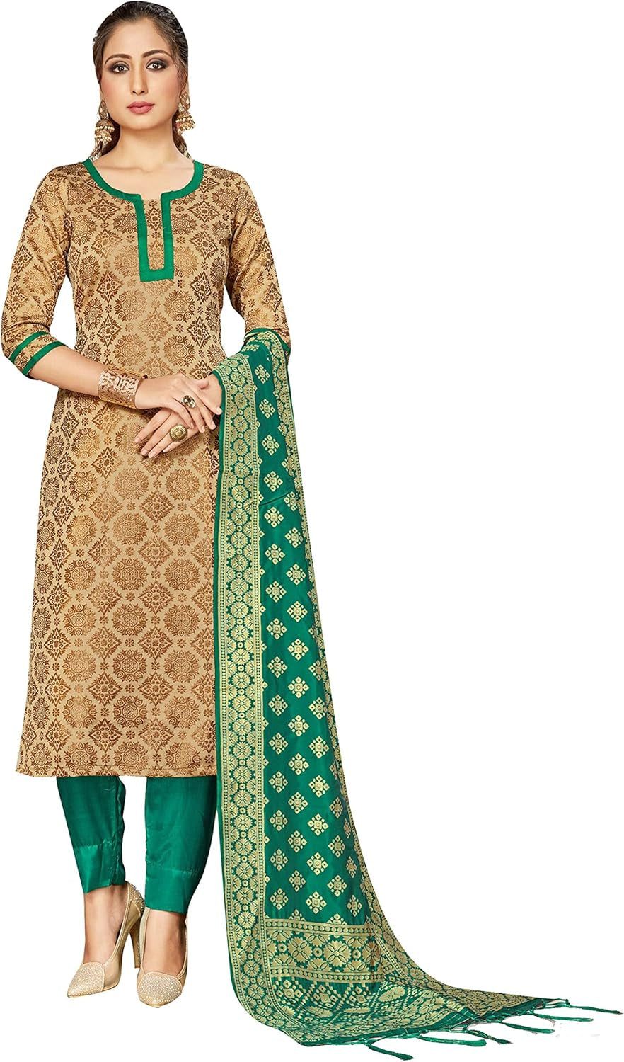 Indian Pakistani Women'S Readymade Salwar Kameez Banarasi Art Silk Woven Suit with Silk Dupatta Stitched Dress