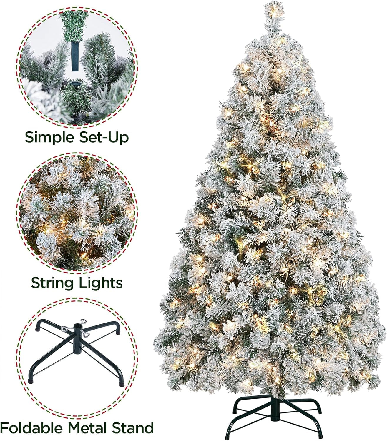 4.5Ft Pre-Lit Artificial Christmas Tree with Incandescent Warm White Lights, Snow Flocked Full Prelighted Xmas Tree W/340 Branch Tips, 150 Incandescent Lights & Foldable Stand, Green & White