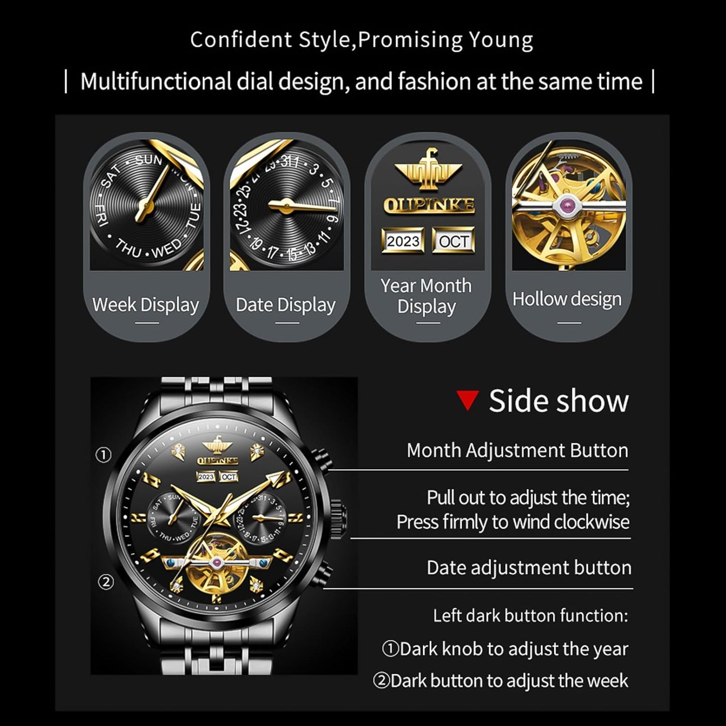 Men Watch Skeleton Automatic Mechanical Luxury Dress Waterproof Sapphire Crystal Wrist Watches for Men(Gold/Blue/Black/Green Dial)