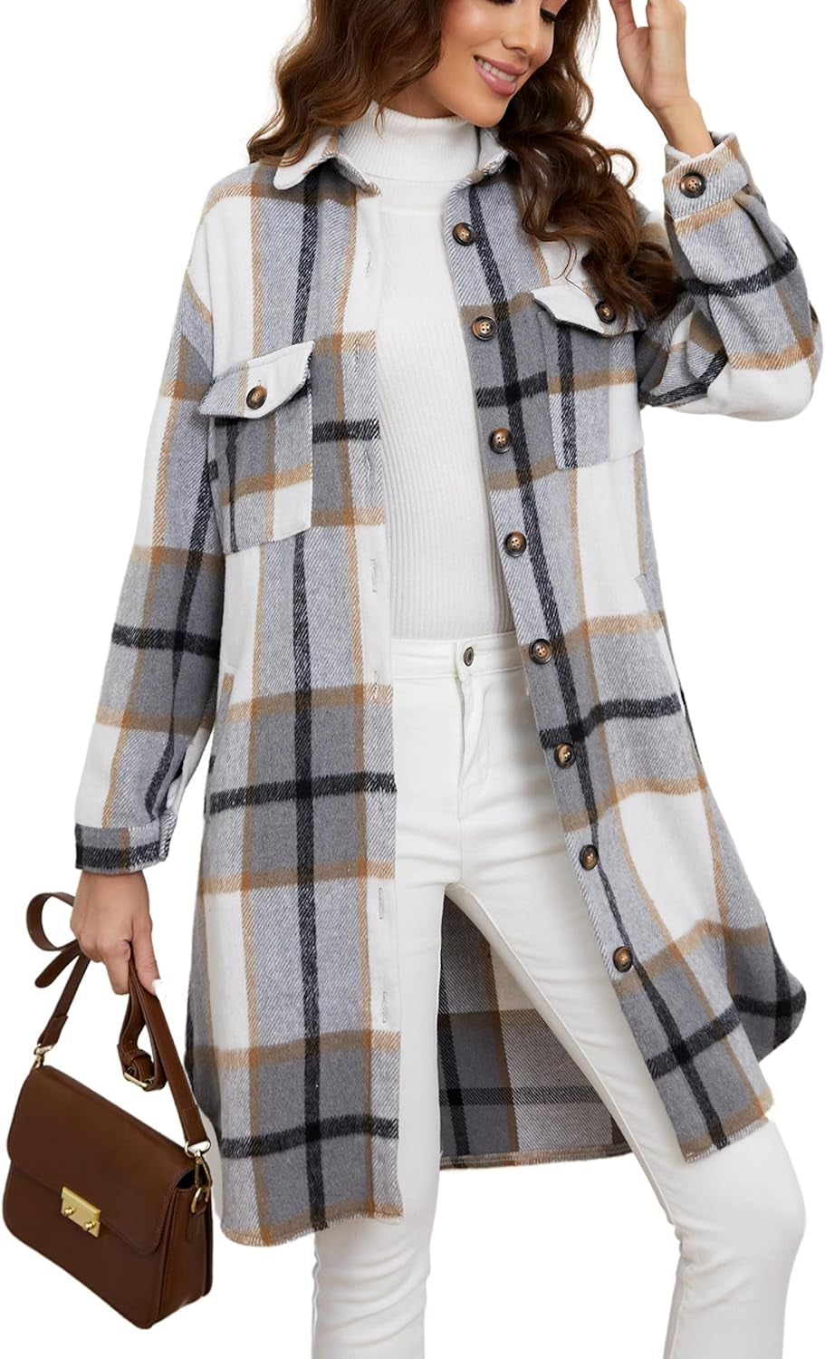 Women's Plaid Shacket Brushed Flannel Shirt Jacket Mid Long Wool Blend Tartan Coat