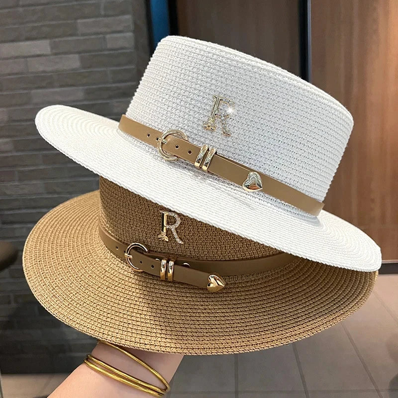 Summer Hat Flat Top Straw Hats for Women Fashionable Beach Sun Hat Females Travel Holidays Boater Hat