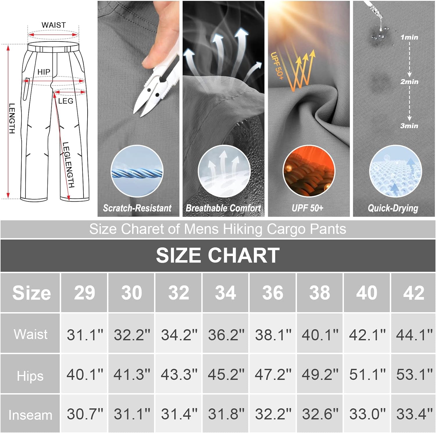 Mens Hiking Pants Quick Dry Lightweight Fishing Pants Convertible Zip off Cargo Work Pants Trousers