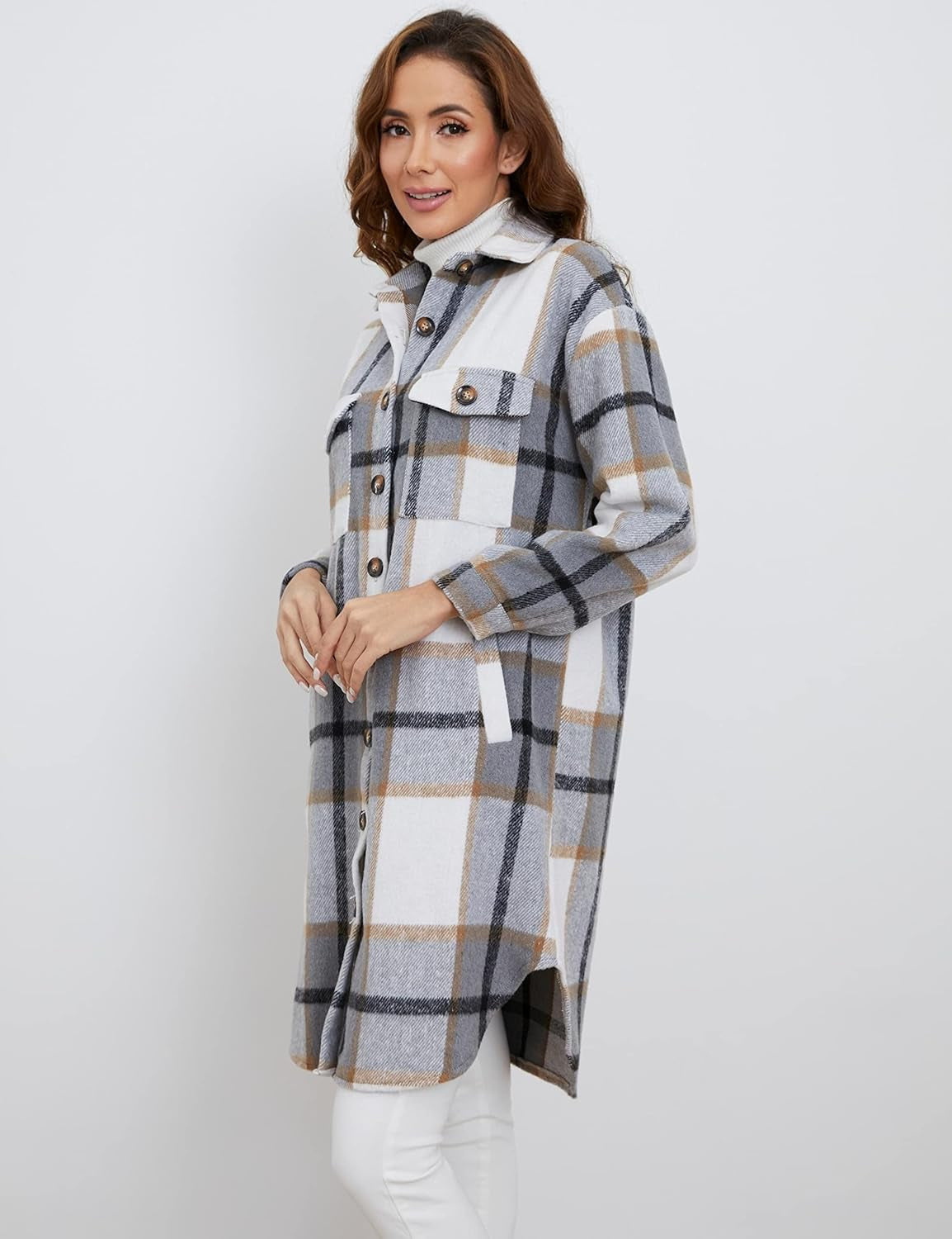 Women's Plaid Shacket Brushed Flannel Shirt Jacket Mid Long Wool Blend Tartan Coat