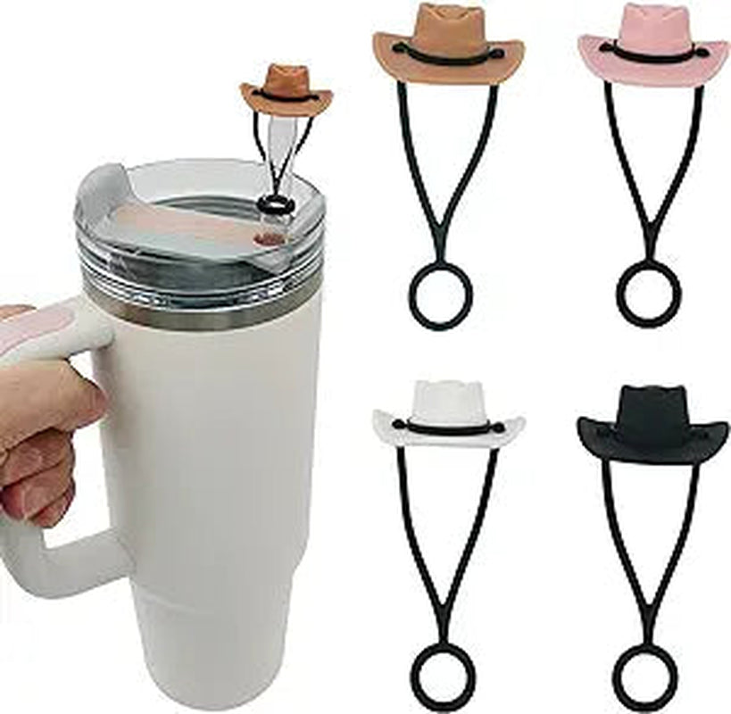 4 Pack Silicone Cowboy Hat Straw Covers Cap Compatible with Stanley Cup 30 40 Oz, Cute Funny Tumbler Straw Topper Accessories for Man & Woman Gift