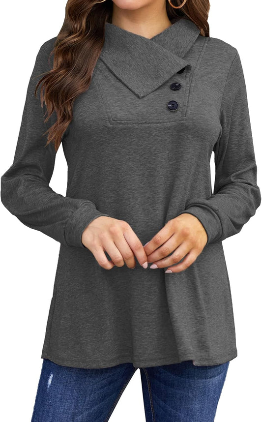 Women'S Fall Long Sleeve Cowl Neck Button Tunic Tops Lightweight Sweatshirts