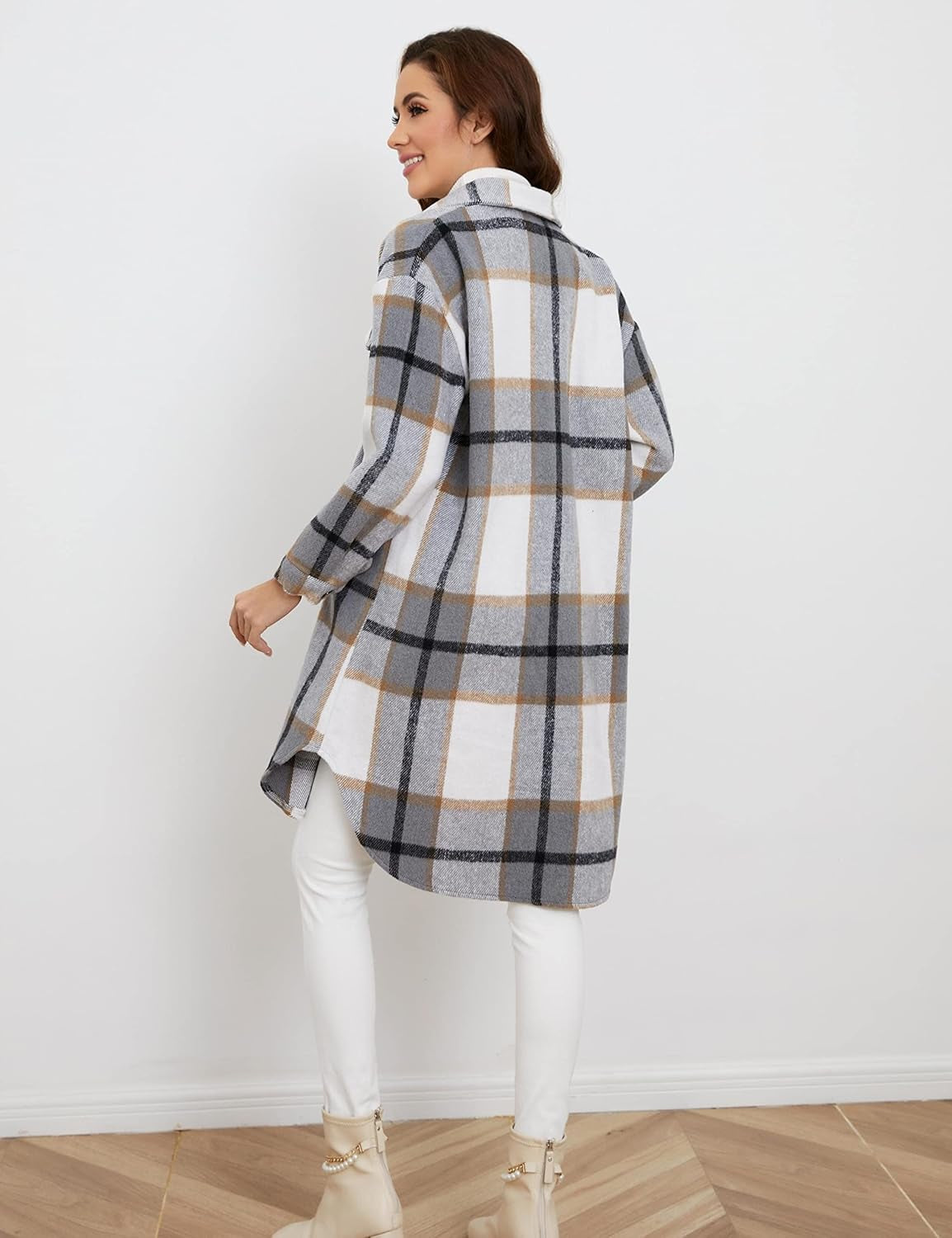 Women's Plaid Shacket Brushed Flannel Shirt Jacket Mid Long Wool Blend Tartan Coat