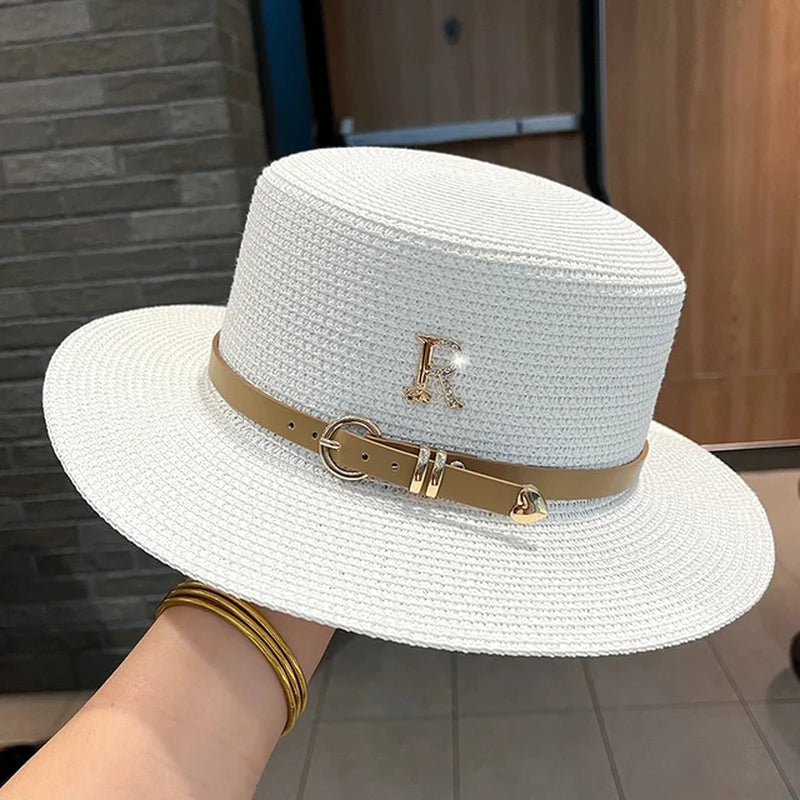 Summer Hat Flat Top Straw Hats for Women Fashionable Beach Sun Hat Females Travel Holidays Boater Hat